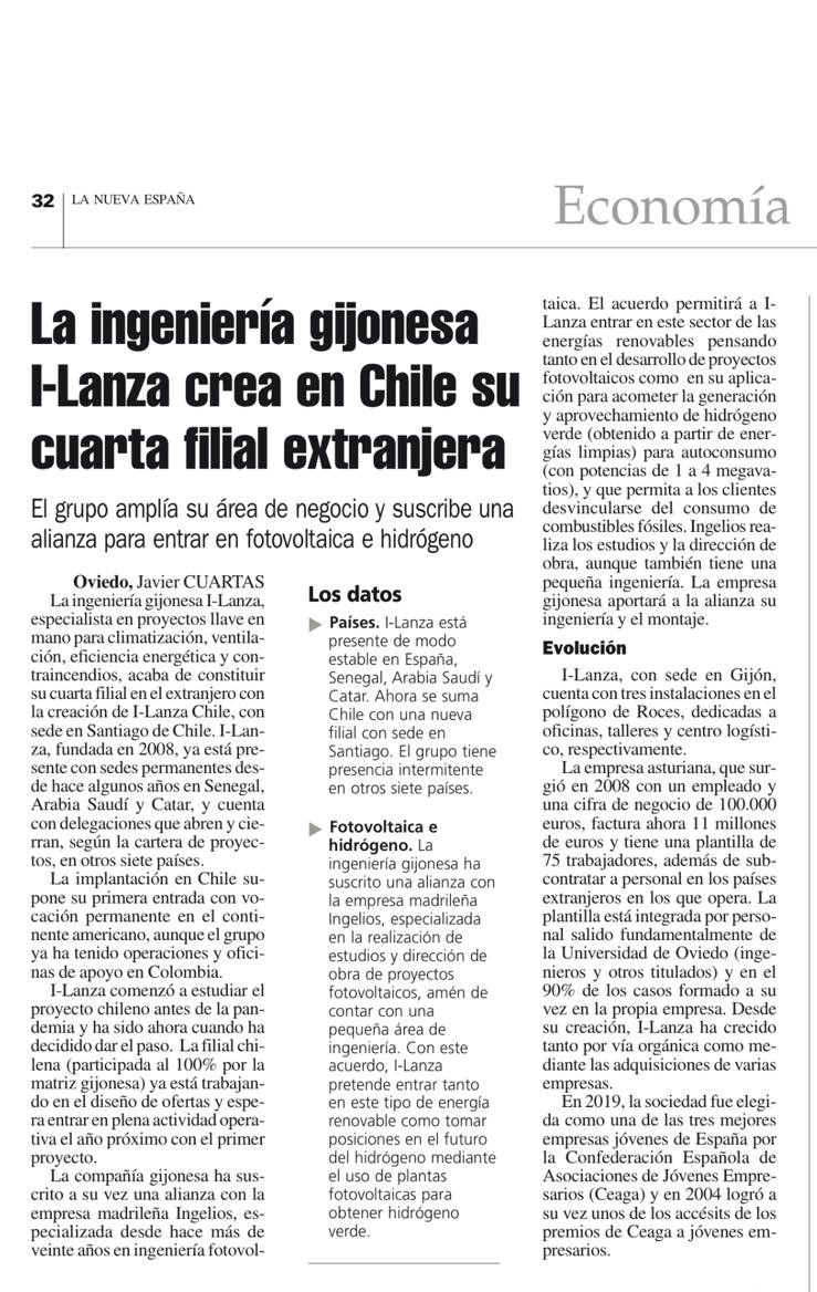 Noticia publicada en La Nueva España sobre i-lanza abriendo mercados nuevos en Chile